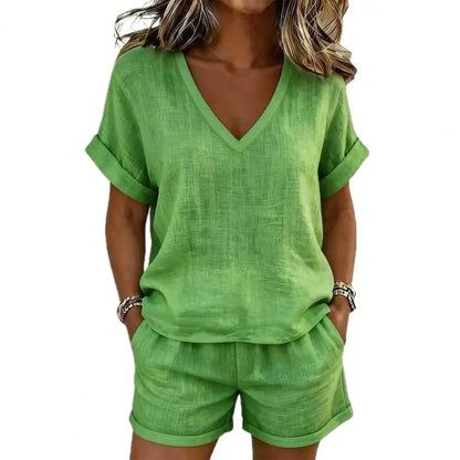 Conjunto de Mujer Verano 2 Piezas con Cuello en V y Shorts Casuales