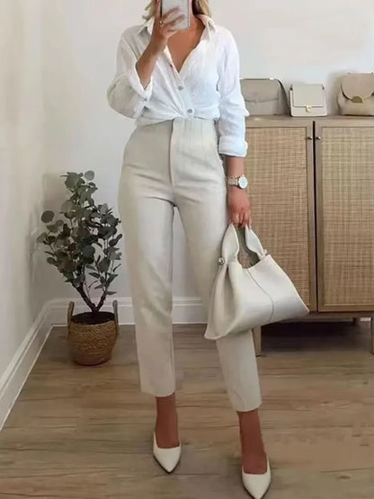 Pantalón Mujer Cintura Alta Recto con Bolsillos hasta el Tobillo