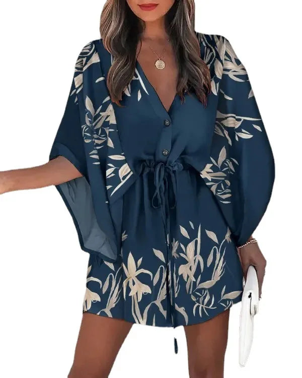 Vestido de Mujer Estampado Floral con Cuello en V y Manga 3/4