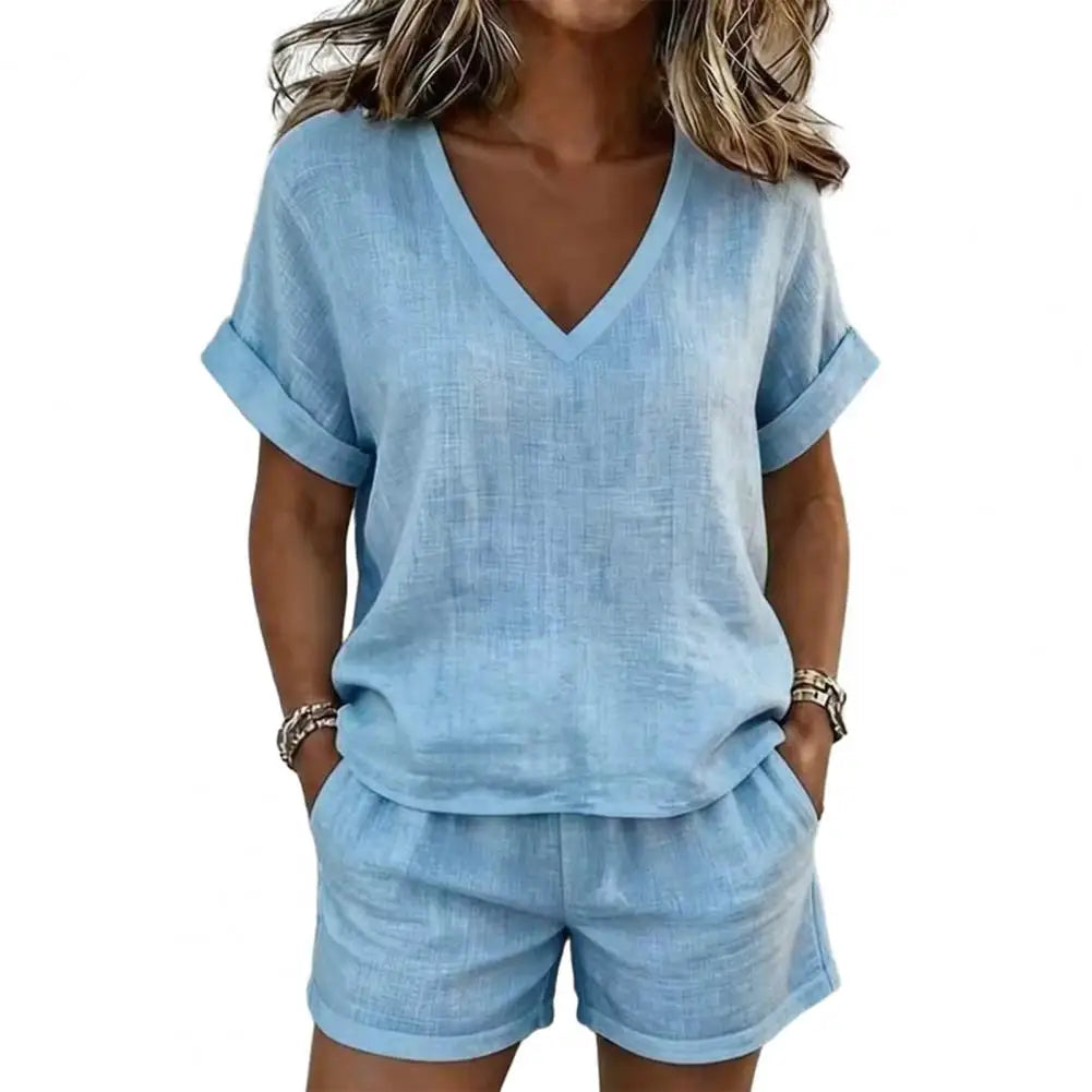 Conjunto de Mujer Verano 2 Piezas con Cuello en V y Shorts Casuales