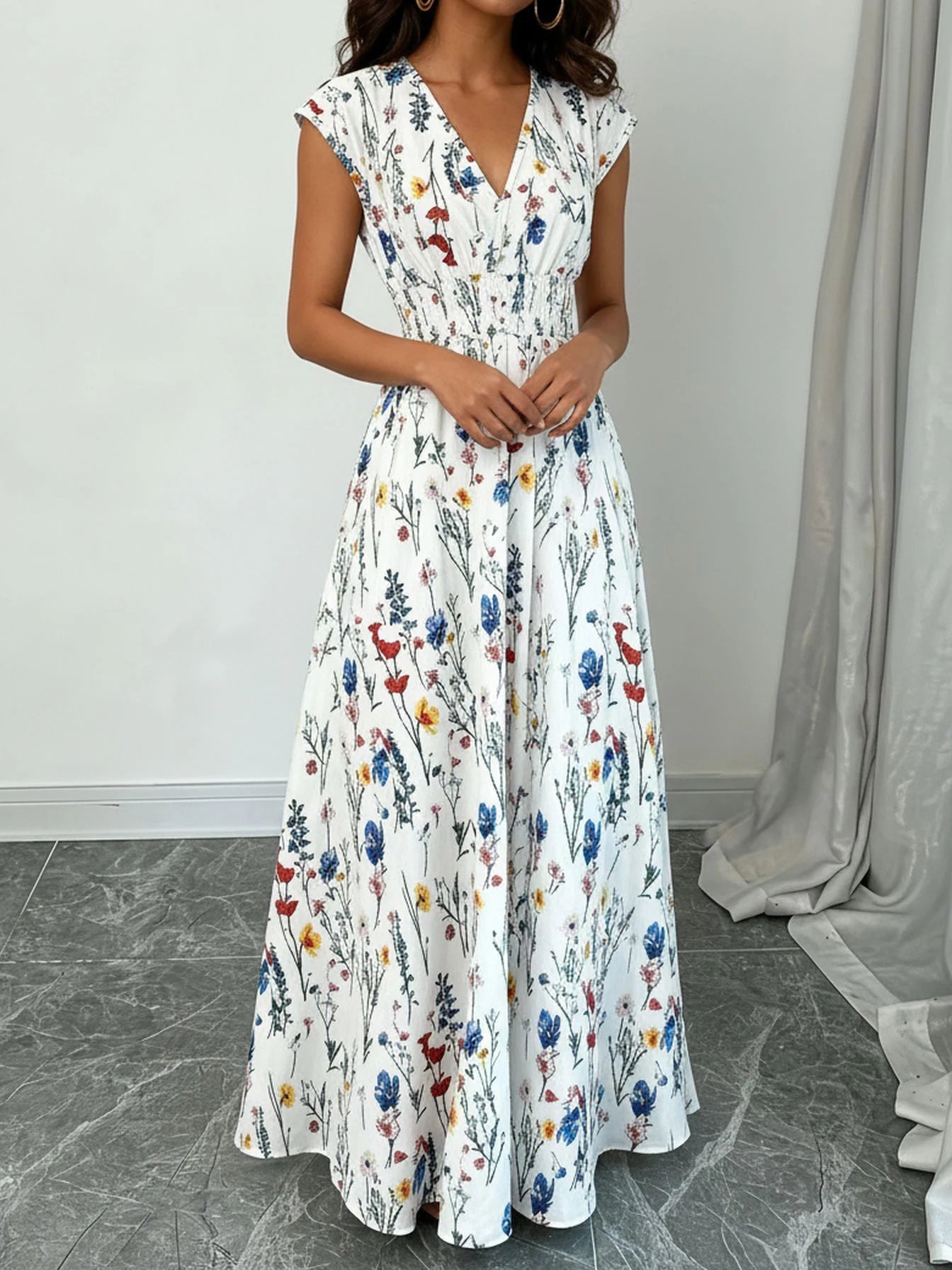 Vestido Largo de Verano para Mujer con Cuello en V Estampado Floral