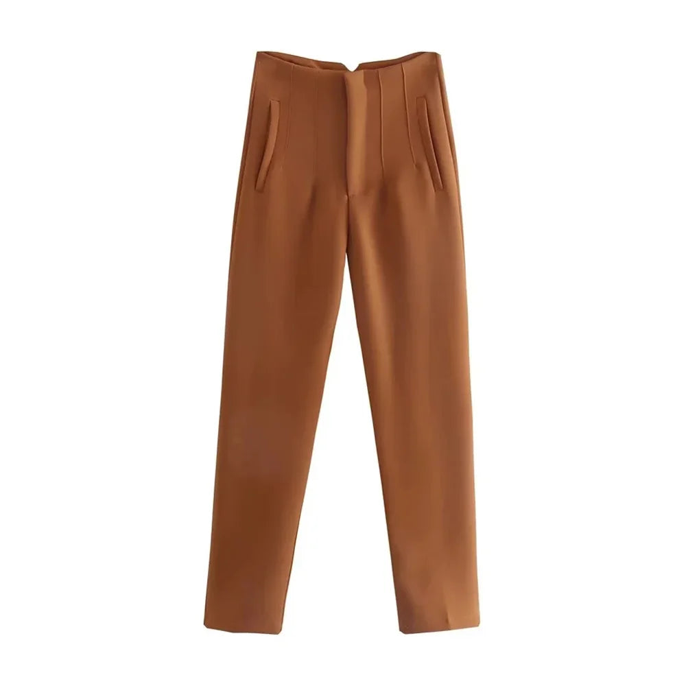 Pantalón Mujer Cintura Alta Recto con Bolsillos hasta el Tobillo