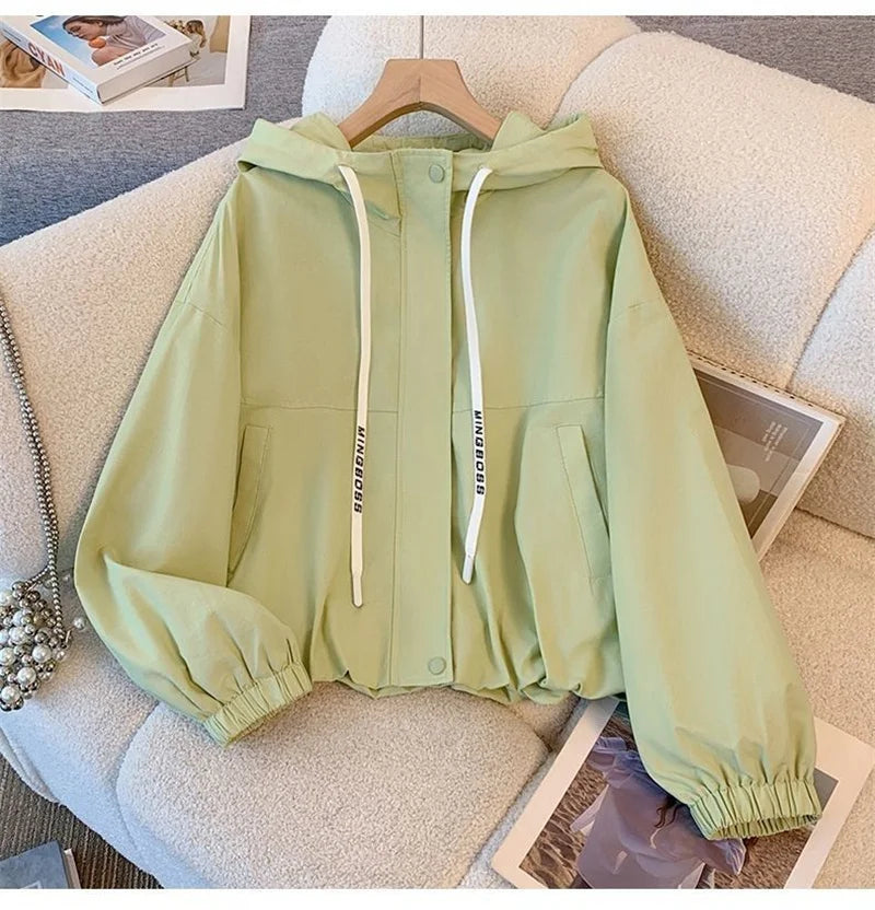 Chaqueta Corta con Capucha para Mujer Cortavientos Casual con Cremallera