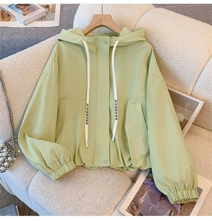 Chaqueta Corta con Capucha para Mujer Cortavientos Casual con Cremallera