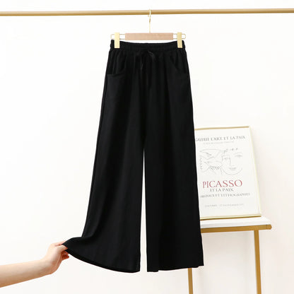 Pantalón Mujer de Lino y Algodón Pierna Ancha con Cintura Elástica