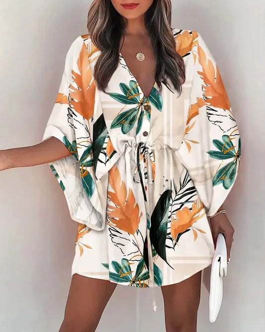 Vestido de Mujer Estampado Floral con Cuello en V y Manga 3/4
