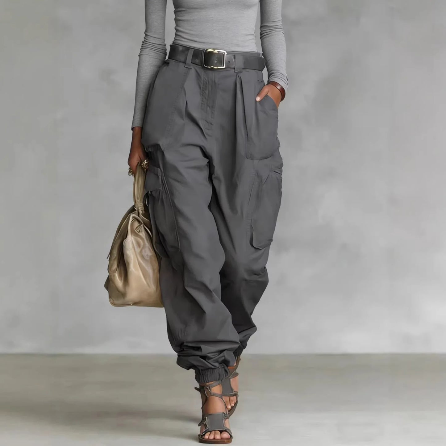 Pantalón Cargo Mujer Pierna Ancha con Bolsillos Casual Holgado