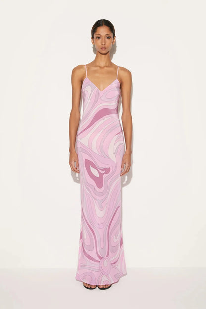 Vestido Largo para Mujer con Tirantes Cuello en V y Estampado Moderno