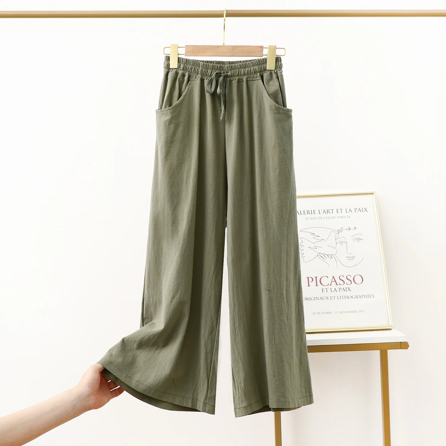 Pantalón Mujer de Lino y Algodón Pierna Ancha con Cintura Elástica