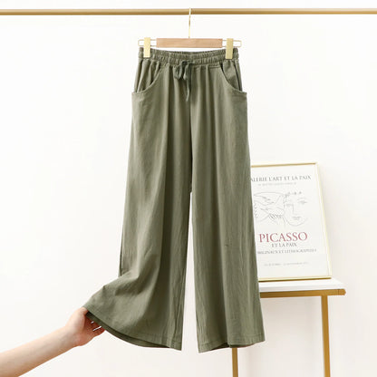 Pantalón Mujer de Lino y Algodón Pierna Ancha con Cintura Elástica