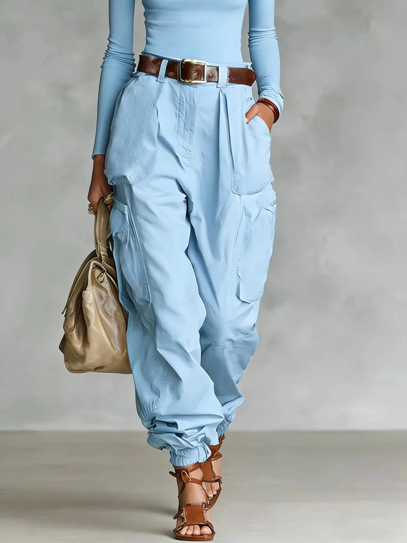 Pantalón Cargo Mujer Pierna Ancha con Bolsillos Casual Holgado