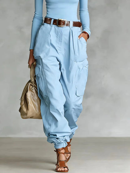 Pantalón Cargo Mujer Pierna Ancha con Bolsillos Casual Holgado