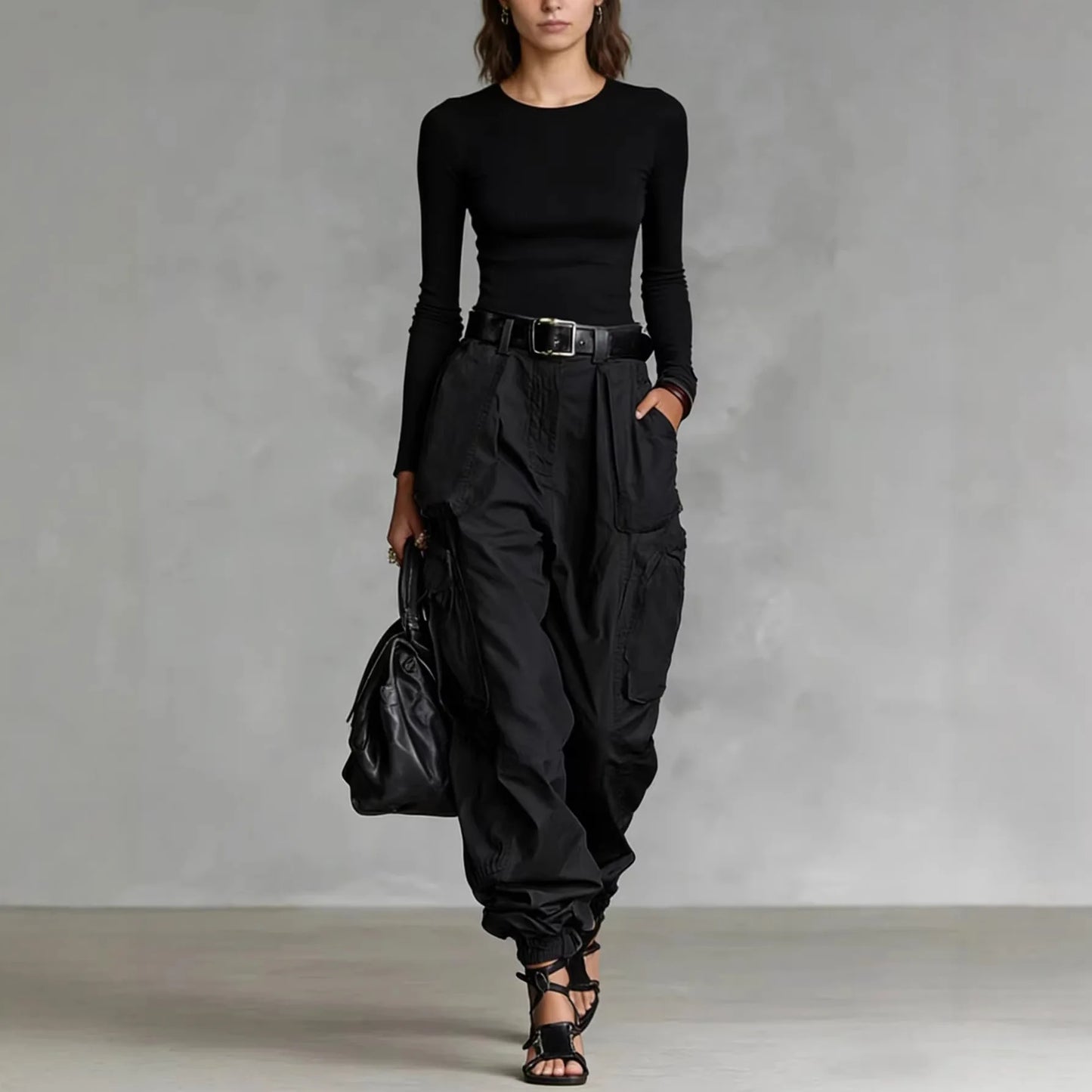 Pantalón Cargo Mujer Pierna Ancha con Bolsillos Casual Holgado