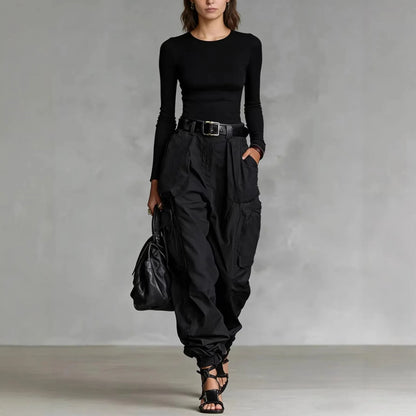Pantalón Cargo Mujer Pierna Ancha con Bolsillos Casual Holgado