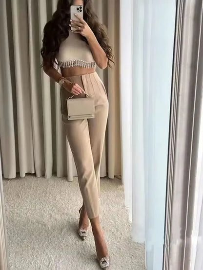 Pantalón Mujer Cintura Alta Recto con Bolsillos hasta el Tobillo