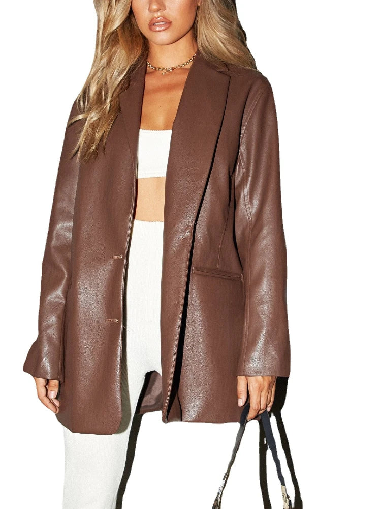 Chaqueta de Cuero Sintético para Mujer Elegante Casual de Otoño