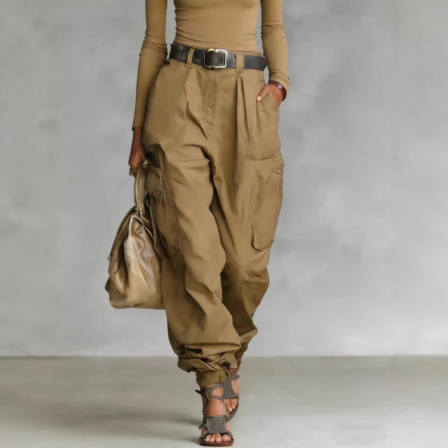 Pantalón Cargo Mujer Pierna Ancha con Bolsillos Casual Holgado