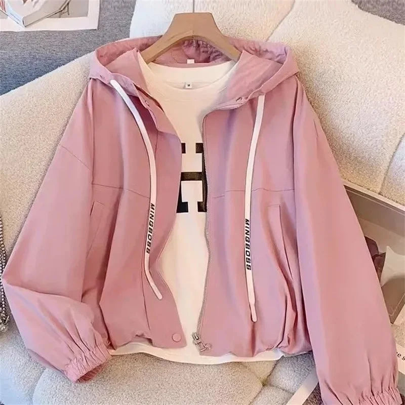 Chaqueta Corta con Capucha para Mujer Cortavientos Casual con Cremallera