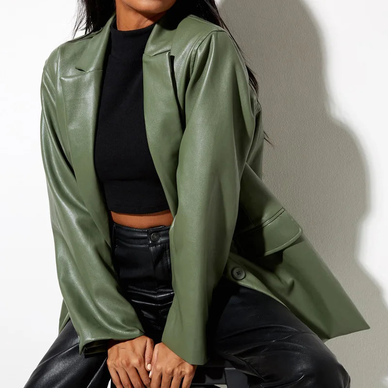 Chaqueta de Cuero Sintético para Mujer Elegante Casual de Otoño