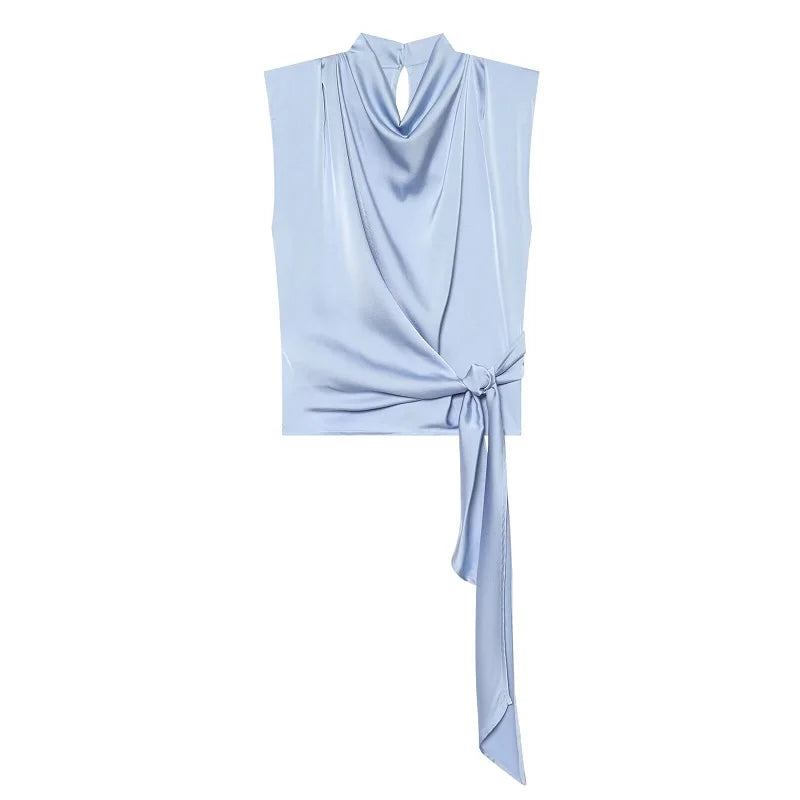 Top de Satén Mujer Sin Mangas con Lazo Elegante Cuello Drapeado