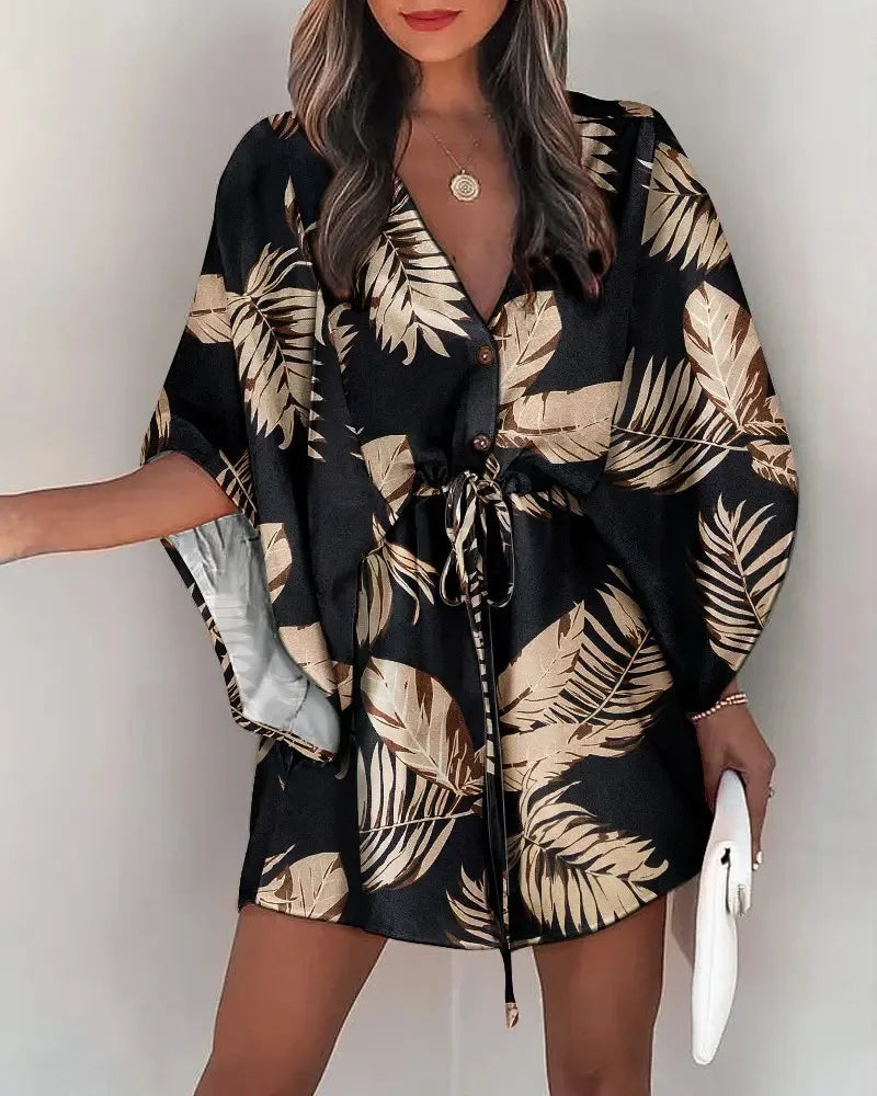 Vestido de Mujer Estampado Floral con Cuello en V y Manga 3/4
