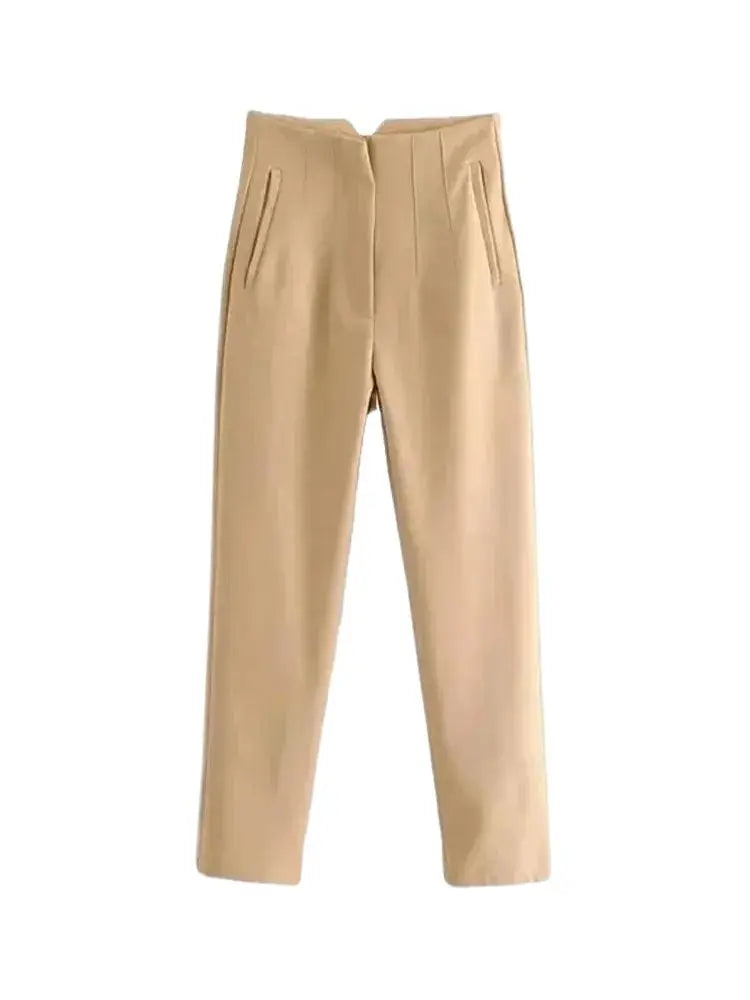 Pantalón Mujer Cintura Alta Recto con Bolsillos hasta el Tobillo