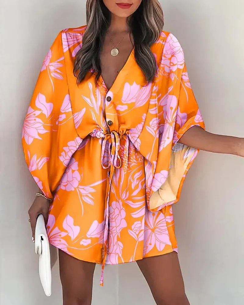 Vestido de Mujer Estampado Floral con Cuello en V y Manga 3/4