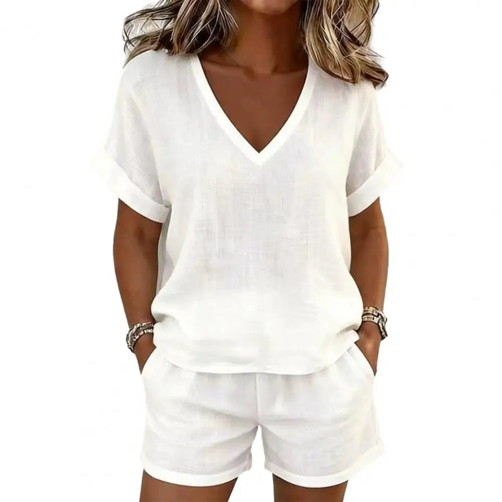 Conjunto de Mujer Verano 2 Piezas con Cuello en V y Shorts Casuales