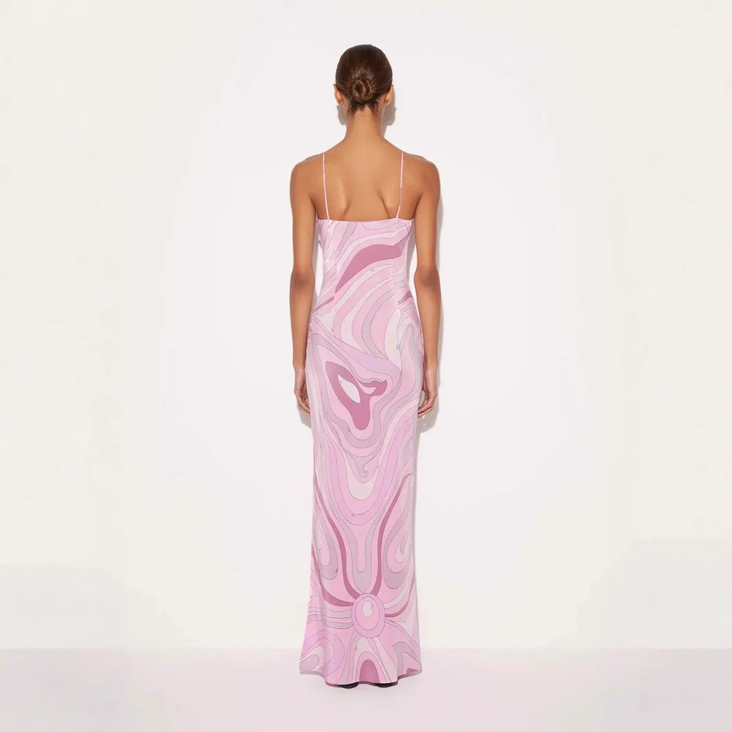 Vestido Largo para Mujer con Tirantes Cuello en V y Estampado Moderno