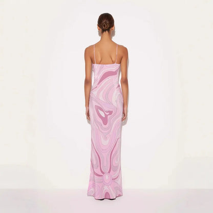 Vestido Largo para Mujer con Tirantes Cuello en V y Estampado Moderno