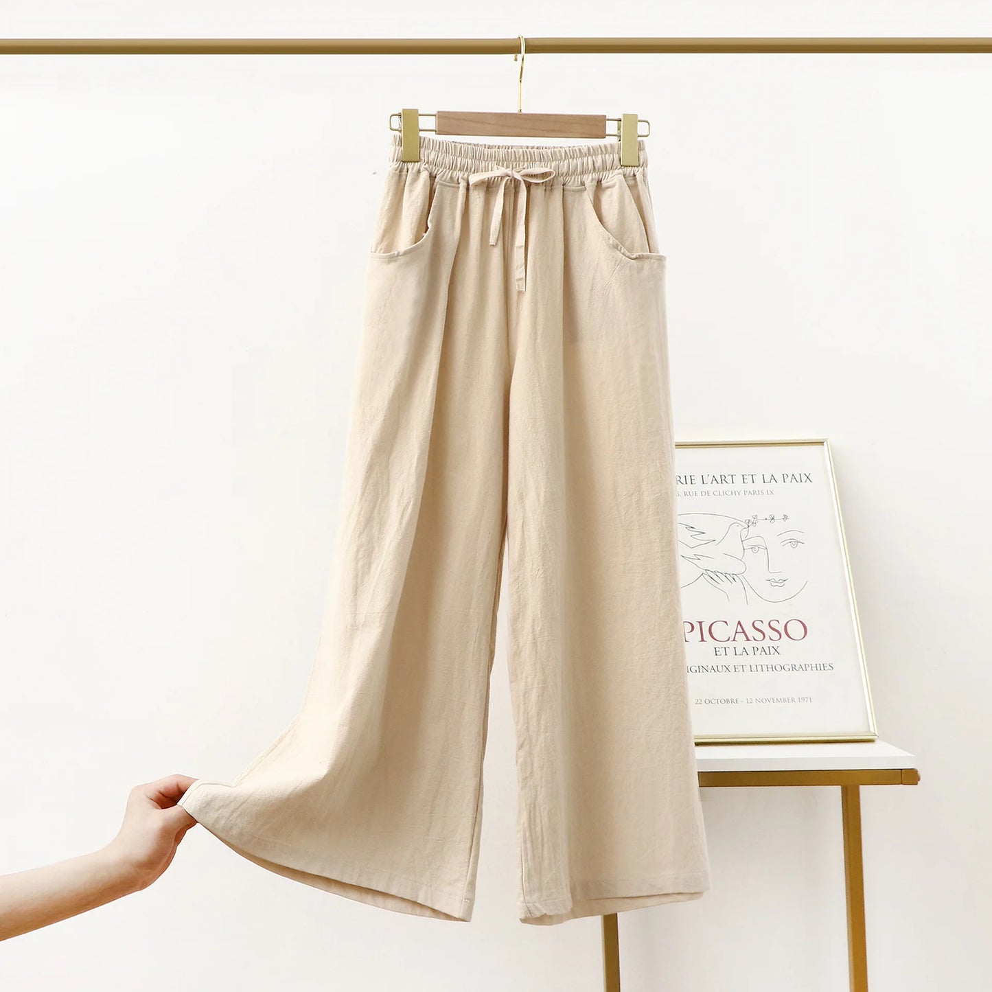Pantalón Mujer de Lino y Algodón Pierna Ancha con Cintura Elástica