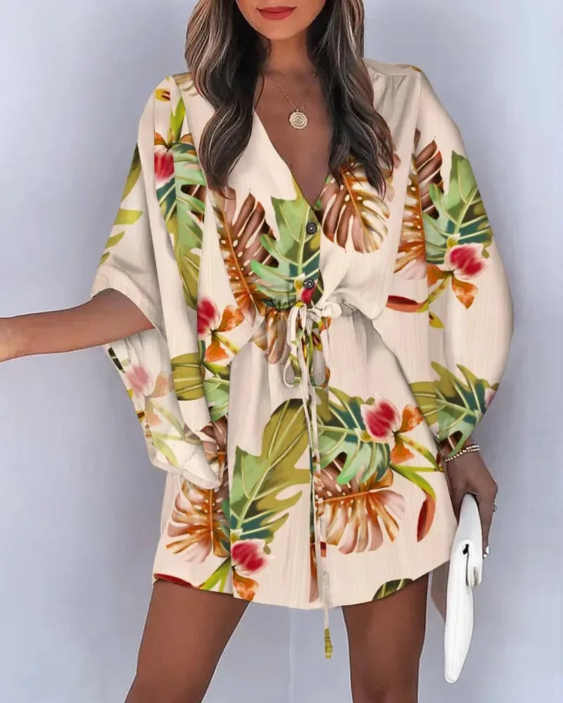 Vestido de Mujer Estampado Floral con Cuello en V y Manga 3/4