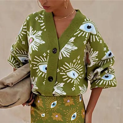 Cárdigan de Punto Mujer Cuello en V con Botones Estampado Vintage