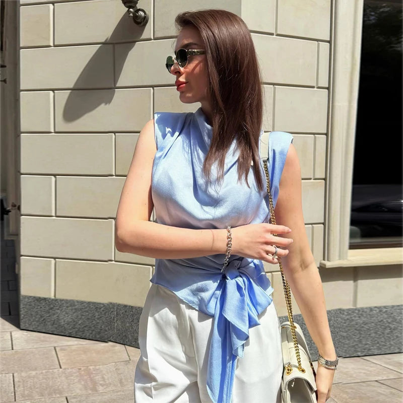 Top de Satén Mujer Sin Mangas con Lazo Elegante Cuello Drapeado