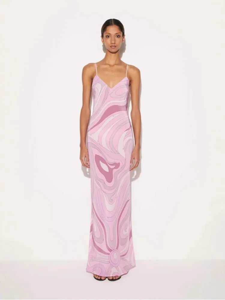 Vestido Largo para Mujer con Tirantes Cuello en V y Estampado Moderno