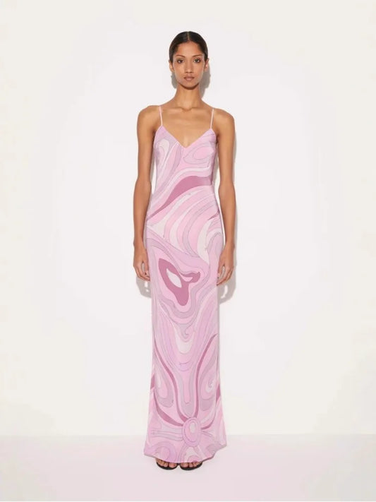 Vestido Largo para Mujer con Tirantes Cuello en V y Estampado Moderno