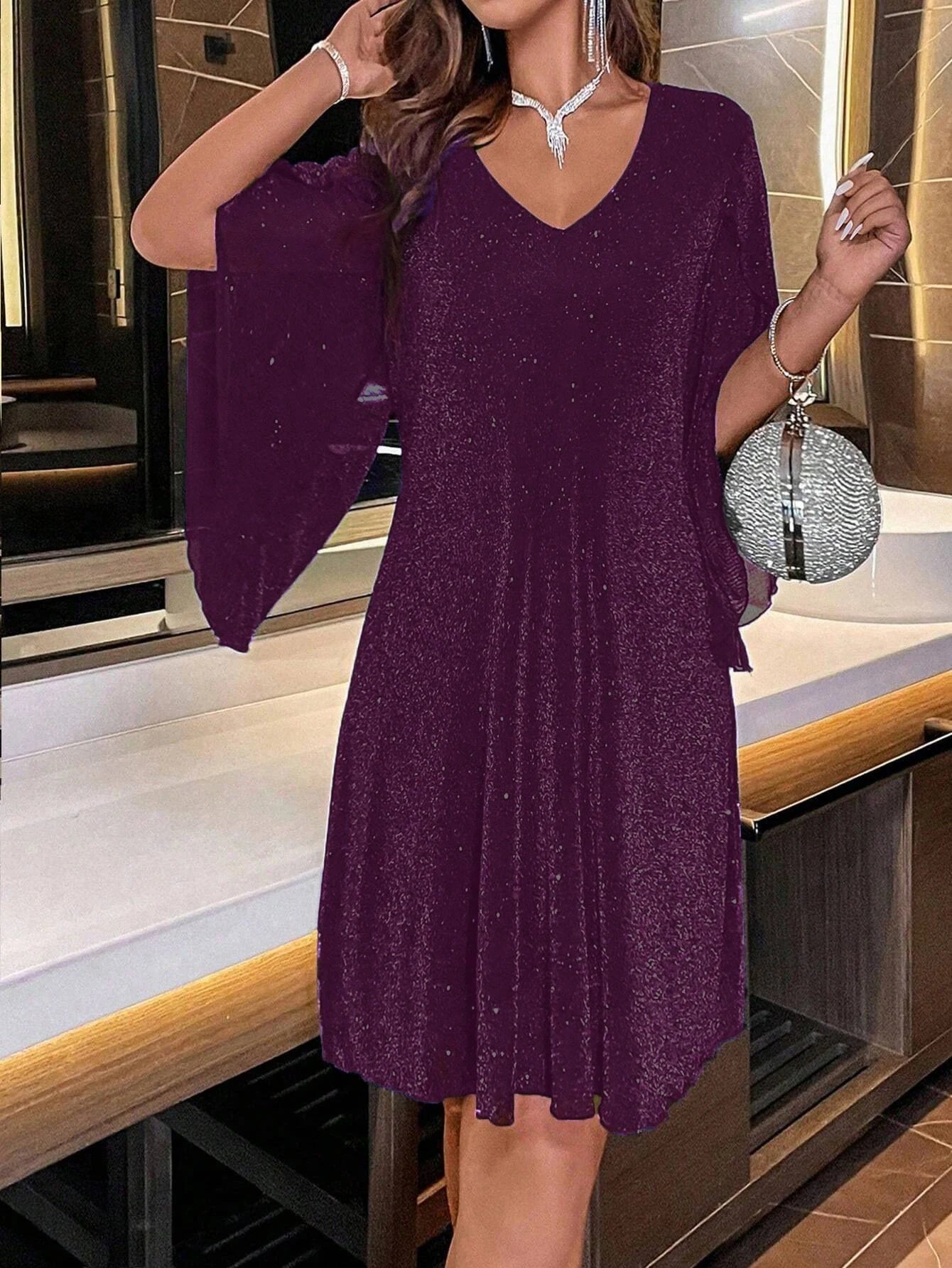Vestido Mini Elegante para Mujer con Lentejuelas y Cuello en V Casual