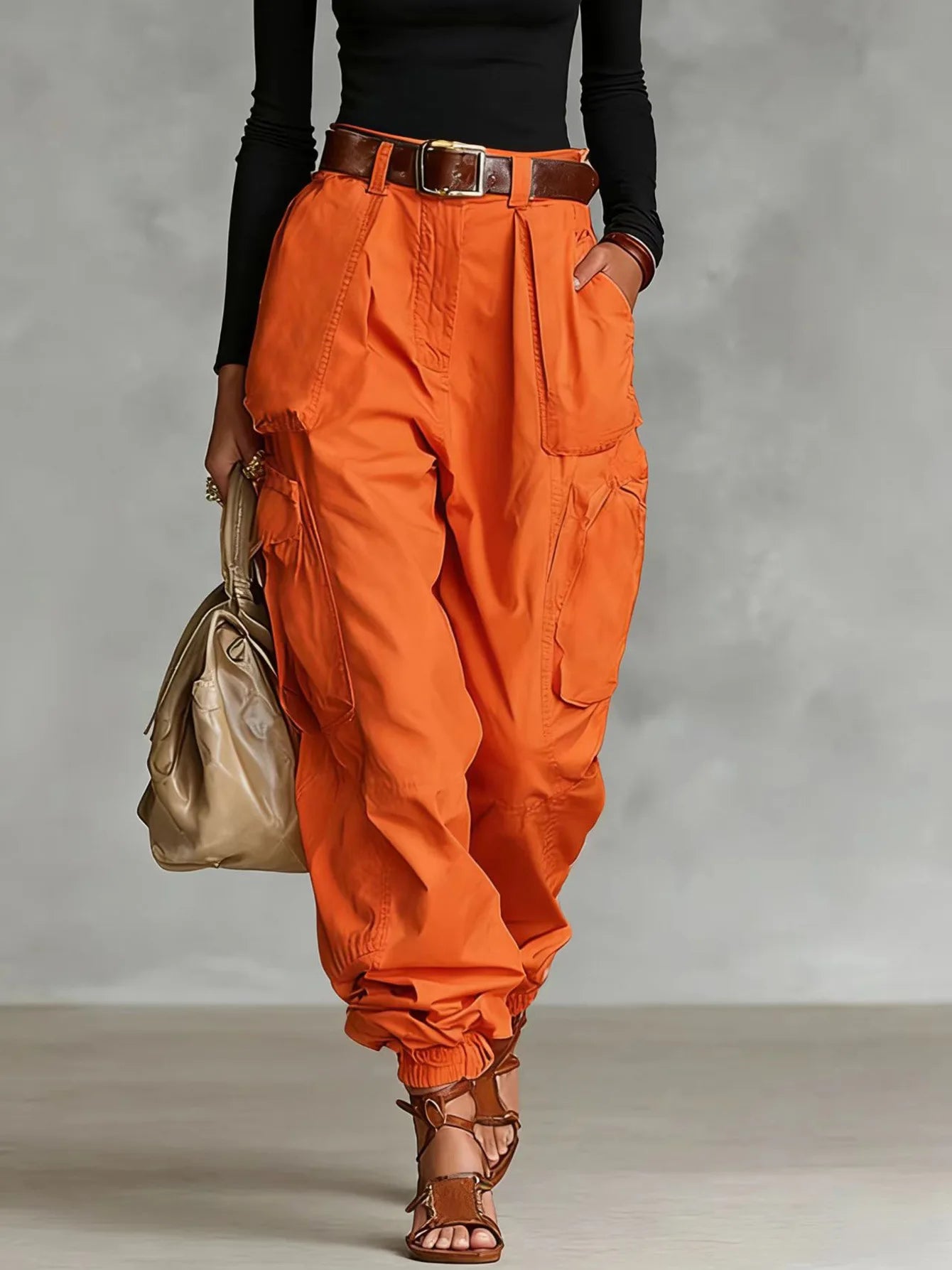 Pantalón Cargo Mujer Pierna Ancha con Bolsillos Casual Holgado