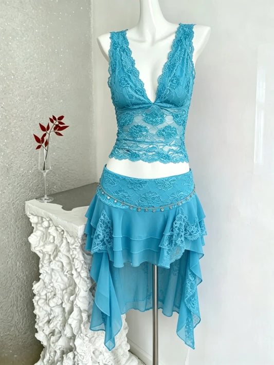 Conjunto de Playa Mujer 2 Piezas con Top de Encaje y Falda Mini