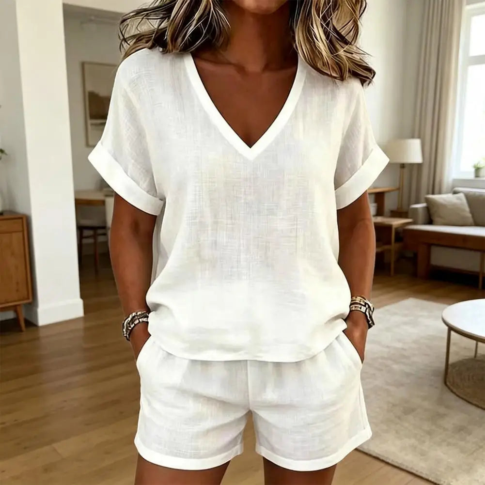 Conjunto de Mujer Verano 2 Piezas con Cuello en V y Shorts Casuales