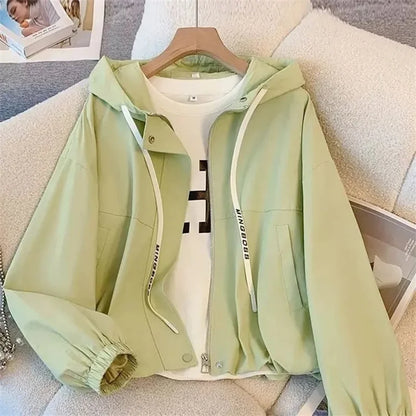 Chaqueta Corta con Capucha para Mujer Cortavientos Casual con Cremallera
