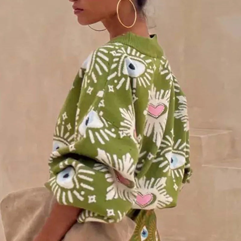 Cárdigan de Punto Mujer Cuello en V con Botones Estampado Vintage