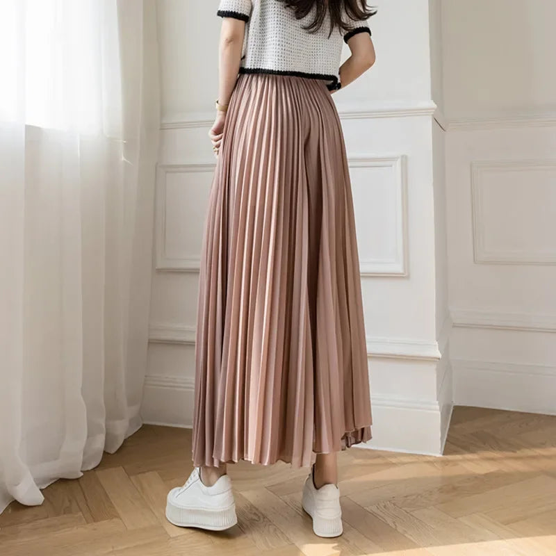 Pantalón Mujer Plisado de Pierna Ancha con Cintura Alta Elástica