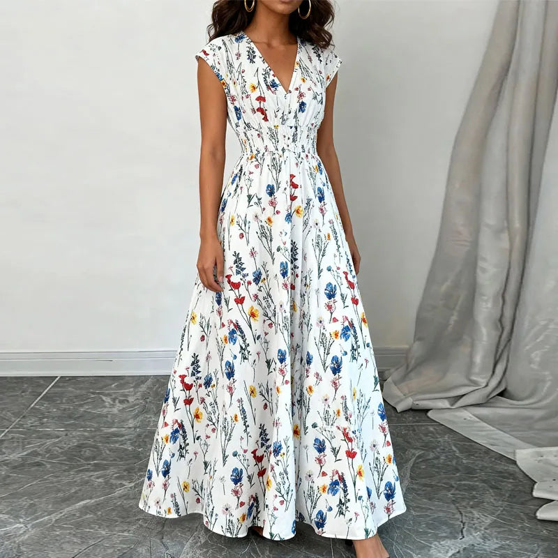 Vestido Largo de Verano para Mujer con Cuello en V Estampado Floral