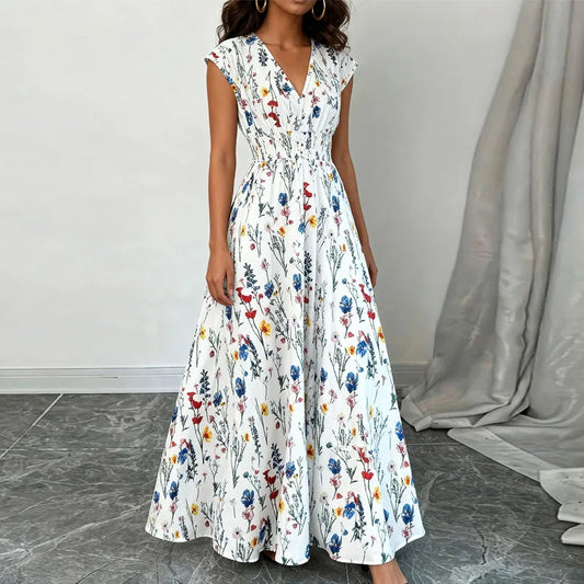 Vestido Largo de Verano para Mujer con Cuello en V Estampado Floral