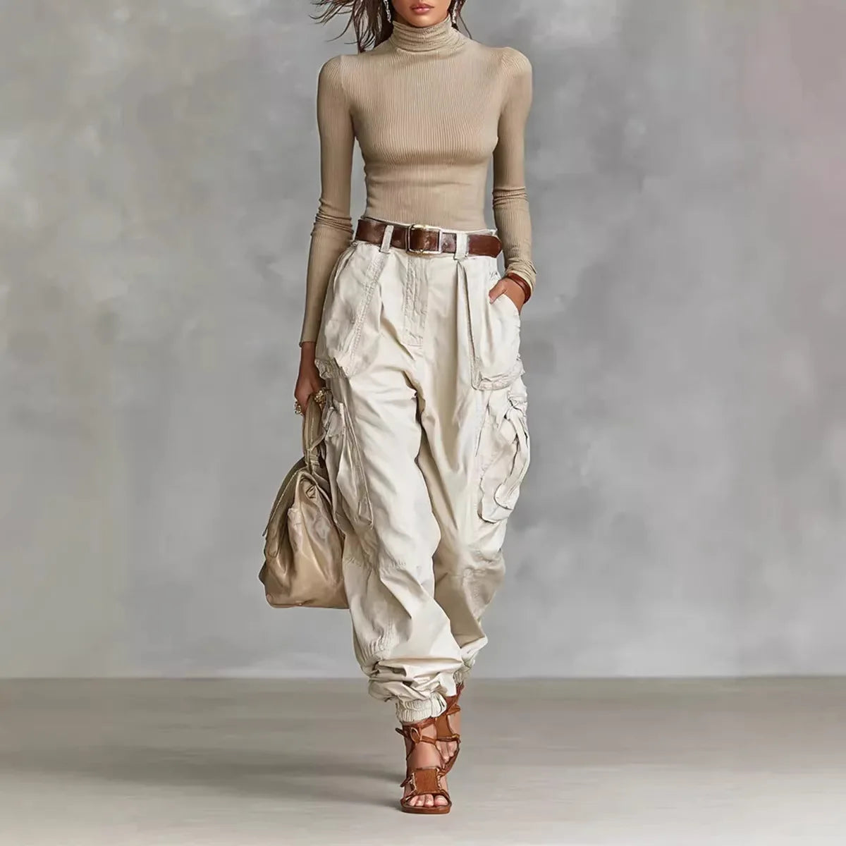 Pantalón Cargo Mujer Pierna Ancha con Bolsillos Casual Holgado