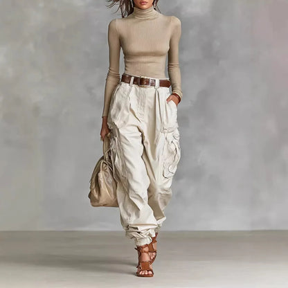 Pantalón Cargo Mujer Pierna Ancha con Bolsillos Casual Holgado