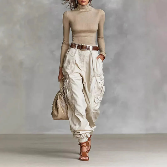 Pantalón Cargo Mujer Pierna Ancha con Bolsillos Casual Holgado