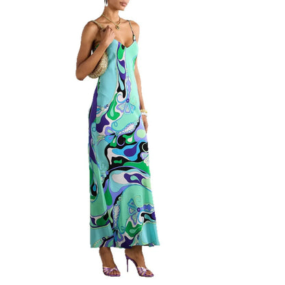 Vestido Largo para Mujer con Tirantes Cuello en V y Estampado Moderno