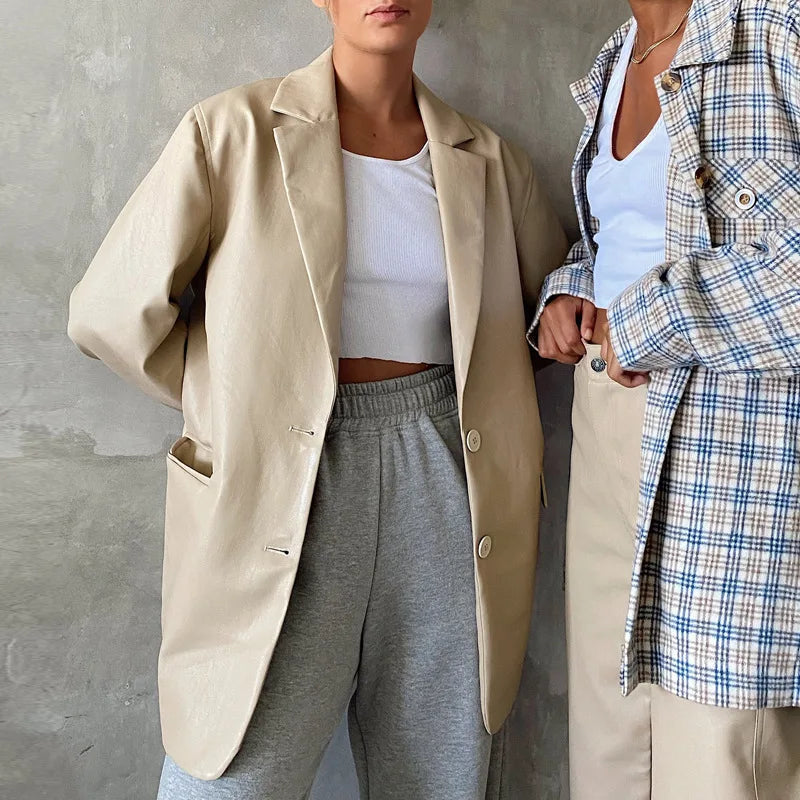 Chaqueta de Cuero Sintético para Mujer Elegante Casual de Otoño